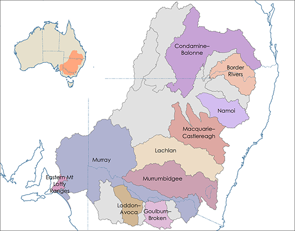 Map based on CSIRO Murray–Darling Basin Sustainable Yields Project regions. The Murray–Darling Basin Sustainable Yields Project comprised 18 contiguous regions that covered the entire Murray–Darling Basin. These regions are primarily the drainage basins of the Murray and Darling rivers—Australia’s longest inland rivers—and their tributaries.