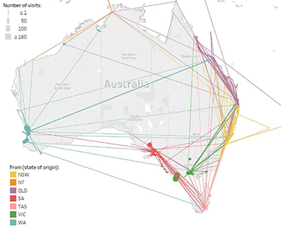 This image is of a map of Australia which shows domestic recreational boat trips in the past 12 months, national.