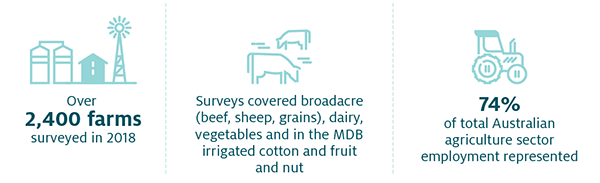 ABARES surveyed over 2400 farms in 2018. Surveys covered broadacre, dairy and vegetable and in the southern MDB irrigated cotton and fruit and nut farms. 74% of total Australian agriculture sector employment represented