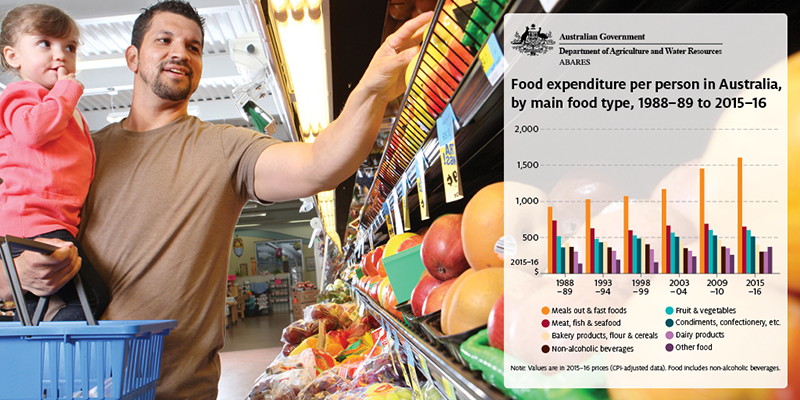 Image showing bar chart of food expenditure per person in Australia, by main food type, 1988-89 to 2015-16