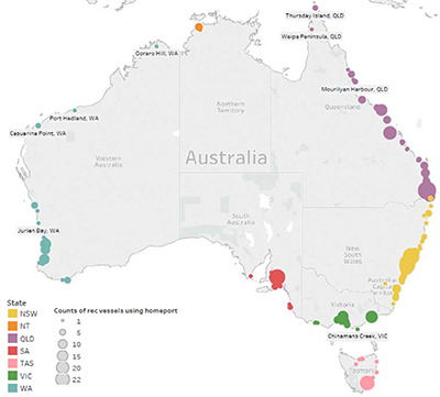 This image is of a map of Australia which shows the home ports of recreational boat operators, national.