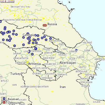 Map showing where there are continuing and resolved outbreaks of African Swine Fever in Georgia and Russia