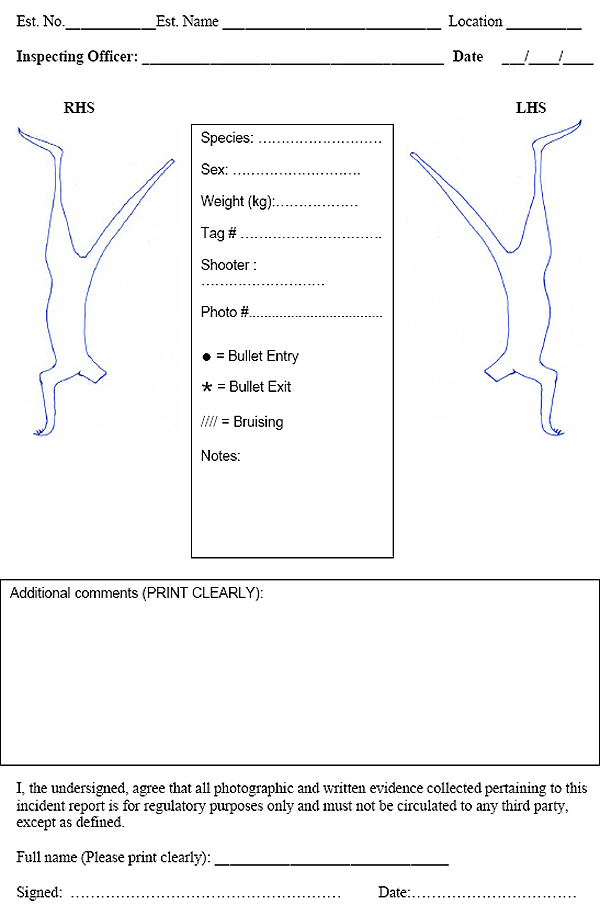 This is an image of the 'Kangaroo Animal Welfare Incident Report' found in the AQIS Meat Notice Kangaroo Welfare Incident Reporting - Game Processing Establishments 2009/16.