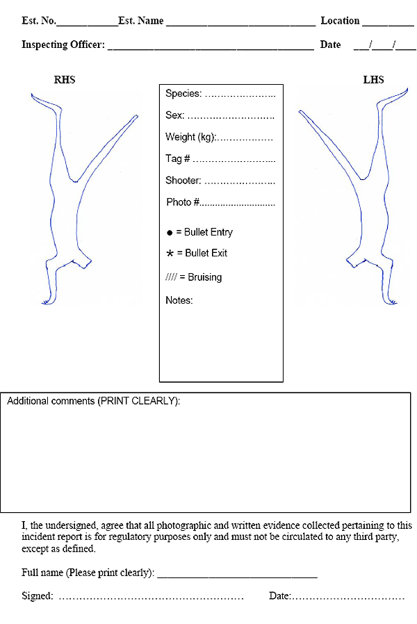 This is an image of the 'Kangaroo Animal Welfare Incident Report' found in the AQIS Meat Notice Kangaroo Welfare Incident Reporting - Game Processing Establishments 2009/16.