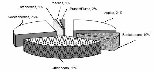 Pie Chart indicating Oregon fruit trees in January 1, 2006. Results were: Sweet cherries 26 per cent, Tart cherries 1 per cent, Peaches 1 per cent, Prunes or Plums 2 per cent, Apples 24 per cent, Bartlett pears 10 per cent, Other pears 36 per cent.