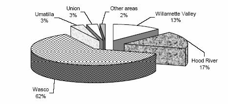 Pie Chart indicating Oregon sweet cherry trees percent of total, by growing area. Results were: Wasco 62 per cent, Umatilla 3 per cent, Union 3 per cent, Other areas 2 per cent, Willamette Valley 13 per cent, Hood River 17 per cent.