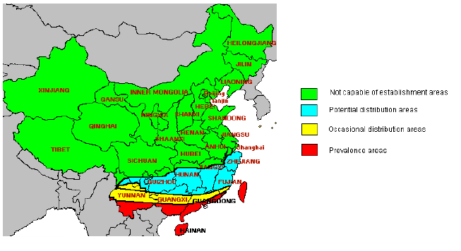 Figure 3 Distribution of Oriental fruit fly in China adapted from AQSIQ (2007)