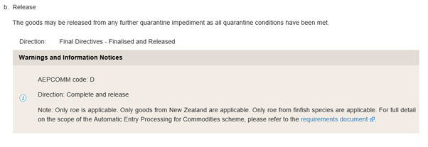 screenshot of AEPCOMM code as displayed in a Warning and Information Notice in the Onshore Outcomes field in BICON