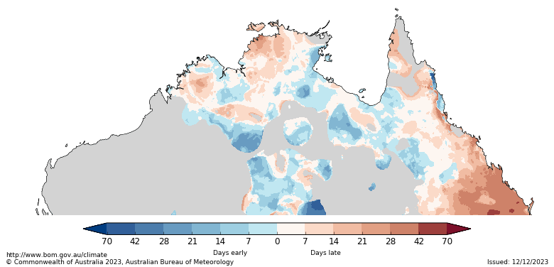 : Map showing the number of days the northern Australia rainfall is either early or late. Image provided by the Bureau of Meteorology.