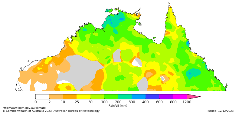 Map showing total rainfall received from 1 September 2023 in the northern Australia. Image provided by the Bureau of Meteorology. Please refer to accompanying text for a more detailed description.