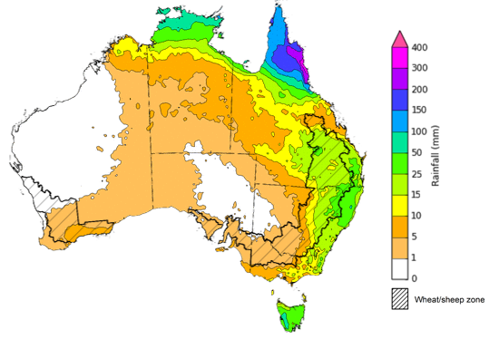 Map of the total forecast rainfall for the next 8 days. Image provided by the Bureau of Meteorology. Please refer to accompanying text for a more detailed description.