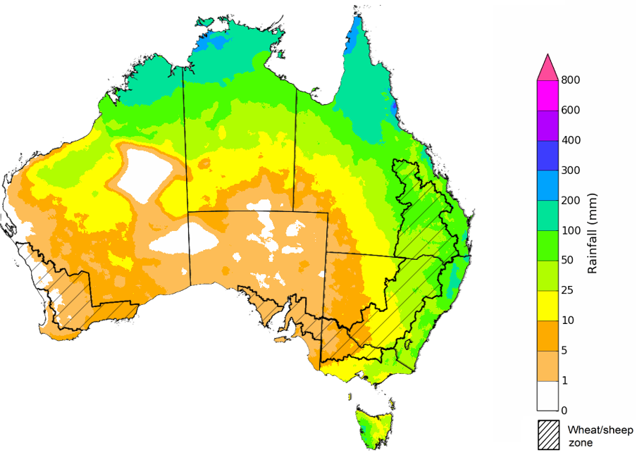 Map showing the rainfall totals that have a 75% chance of occurring during the next month in Australia. Image provided by the Bureau of Meteorology. Please refer to accompanying text for a more detailed description. The climate outlook is generated by ACCESS–S (Australian Community Climate Earth-System Simulator–Seasonal). ACCESS–S is the Bureau of Meteorology's dynamic (physics-based) weather and climate model used for monthly, seasonal, and longer-lead climate outlooks.