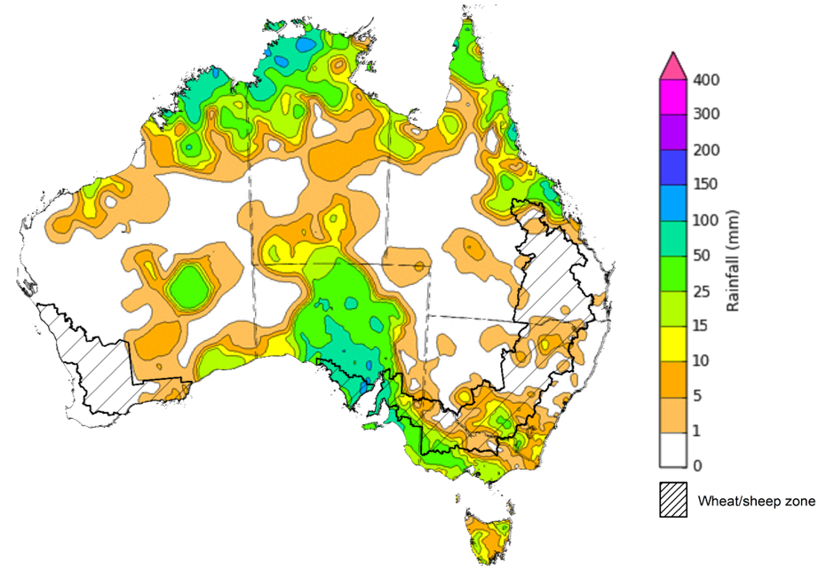 Map showing weekly rainfall totals in Australia. Image provided by the Bureau of Meteorology. Please refer to accompanying text for a more detailed description.