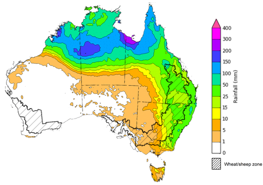 Map of the total forecast rainfall for the next 8 days. Image provided by the Bureau of Meteorology. Please refer to accompanying text for a more detailed description.