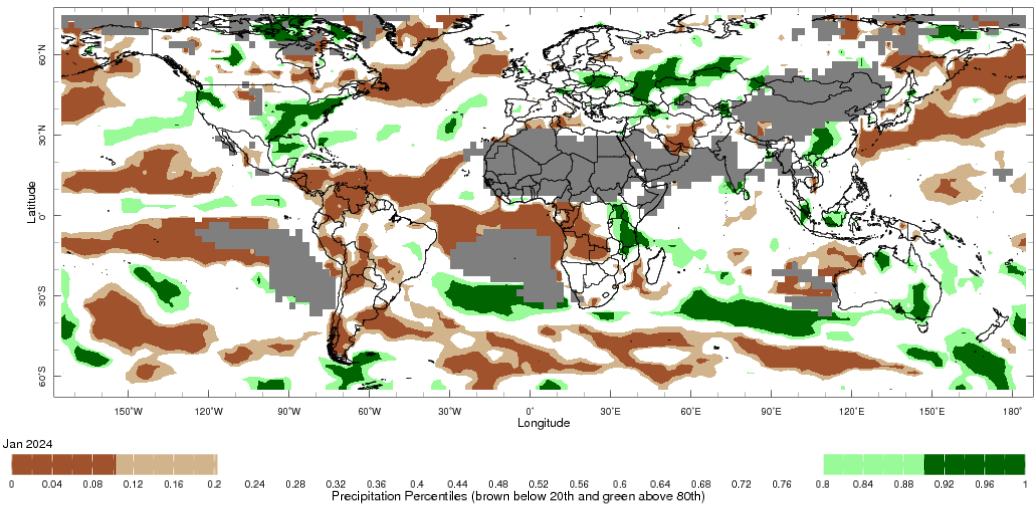 Map showing global monthly precipitation percentiles below the 20th percentile and above the 80th percentile. This map uses the climatology baseline of 1991 to 2020 for the month analysed.