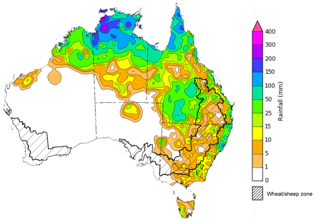 Map showing weekly rainfall totals in Australia. Image provided by the Bureau of Meteorology. Please refer to accompanying text for a more detailed description.