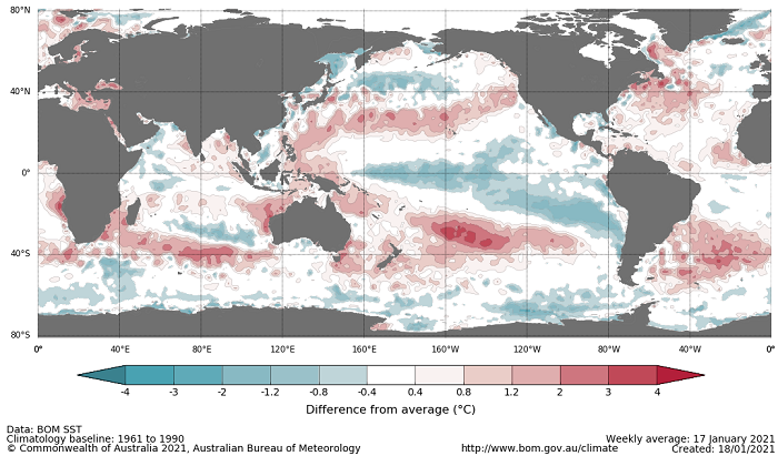 Map showing the global sea surface temperature observations difference from average during the previous week. The climatology baseline used is 1961 to 1990. Image provided by the Bureau of Meteorology. Please refer to accompanying text for a more detailed description.