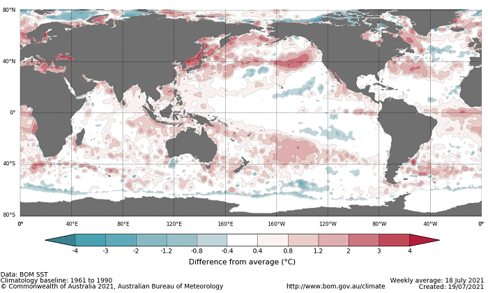 Map showing the global sea surface temperature observations difference from average during the previous week. The climatology baseline used is 1961 to 1990. Image provided by the Bureau of Meteorology. Please refer to accompanying text for a more detailed description.