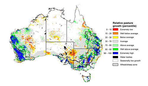 Map showing the relative pasture growth for the previous season in Australia. Image provided by AussieGRASS. Please refer to accompanying text for a more detailed description.