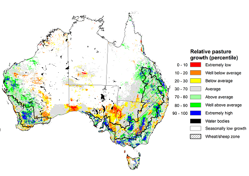 Map showing the relative pasture growth for the previous season in Australia. Image provided by AussieGRASS. Please refer to accompanying text for a more detailed description.