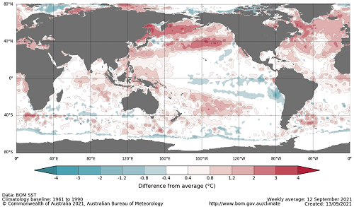 Map showing the global sea surface temperature observations difference from average during the previous week. The climatology baseline used is 1961 to 1990. Image provided by the Bureau of Meteorology. Please refer to accompanying text for a more detailed description.