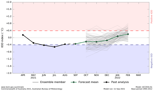 Plume graph from ACCESS-S forecasts showing the recent monthly, month-to-date and forecast mean sea surface temperature anomalies for the IOD region. This graph uses a base period of 1990-2012. Image provided by the Bureau of Meteorology. Please refer to accompanying text for a more detailed description.