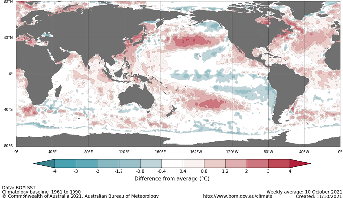 Map showing the global sea surface temperature observations difference from average during the previous week. The climatology baseline used is 1961 to 1990. Image provided by the Bureau of Meteorology. Please refer to accompanying text for a more detailed description.