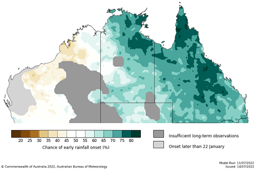 Map showing the chance of early northern rainfall onset in Australia. Image provided by the Bureau of Meteorology. Please refer to accompanying text for a more detailed description.