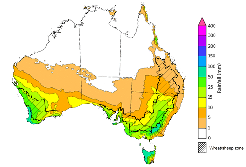 Map of the total forecast rainfall for the next 8 days. Image provided by the Bureau of Meteorology. Please refer to accompanying text for a more detailed description.