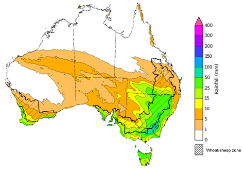 Map of the total forecast rainfall for the next 8 days. Image provided by the Bureau of Meteorology. Please refer to accompanying text for a more detailed description.