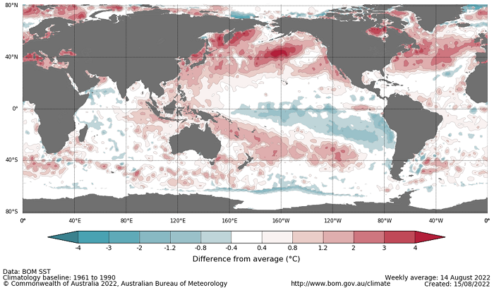 Map showing the global sea surface temperature observations difference from average during the previous week. The climatology baseline used is 1961 to 1990. Image provided by the Bureau of Meteorology. Please refer to accompanying text for a more detailed description.