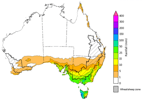 Map of the total forecast rainfall for the next 8 days. Image provided by the Bureau of Meteorology. Please refer to accompanying text for a more detailed description.