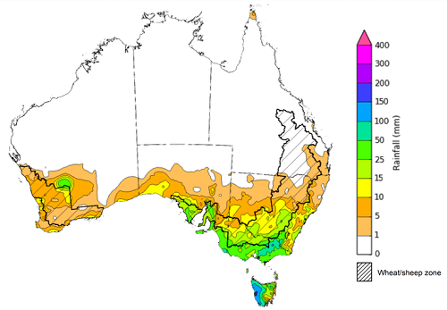 Map showing weekly rainfall totals in Australia. Image provided by the Bureau of Meteorology. Please refer to accompanying text for a more detailed description.