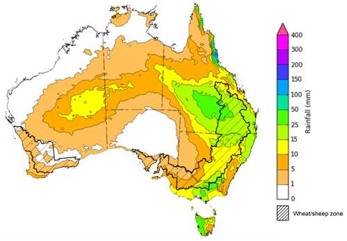 Map of the total forecast rainfall for the next 8 days. Image provided by the Bureau of Meteorology. Please refer to accompanying text for a more detailed description.