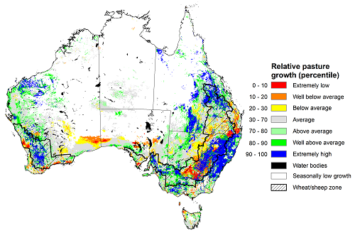 Map showing the relative pasture growth for the previous season in Australia. Image provided by AussieGRASS. Please refer to accompanying text for a more detailed description.