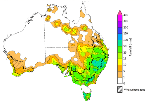 Map showing weekly rainfall totals in Australia. Image provided by the Bureau of Meteorology. Please refer to accompanying text for a more detailed description.