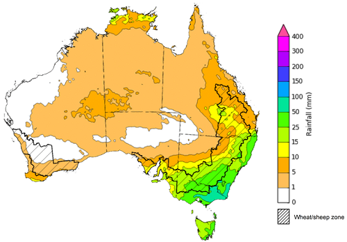 Map of the total forecast rainfall for the next 8 days. Image provided by the Bureau of Meteorology. Please refer to accompanying text for a more detailed description.