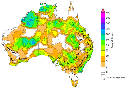 Map showing weekly rainfall totals in Australia. Image provided by the Bureau of Meteorology. Please refer to accompanying text for a more detailed description. 