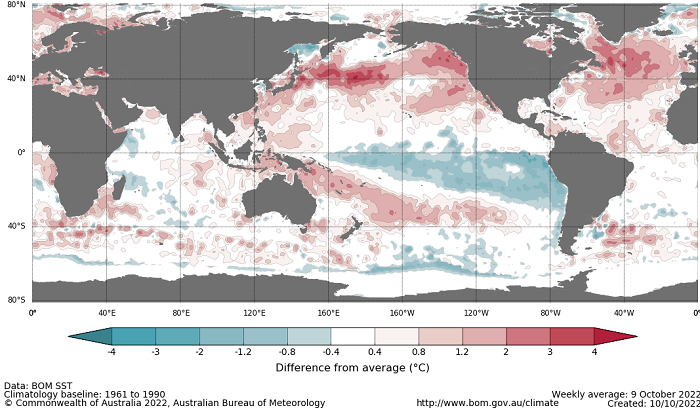 Map showing the global sea surface temperature observations difference from average during the previous week. The climatology baseline used is 1961 to 1990. Image provided by the Bureau of Meteorology. Please refer to accompanying text for a more detailed description.