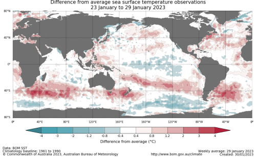 Map showing the global sea surface temperature observations difference from average during the previous week. The climatology baseline used is 1961 to 1990. Image provided by the Bureau of Meteorology. Please refer to accompanying text for a more detailed description