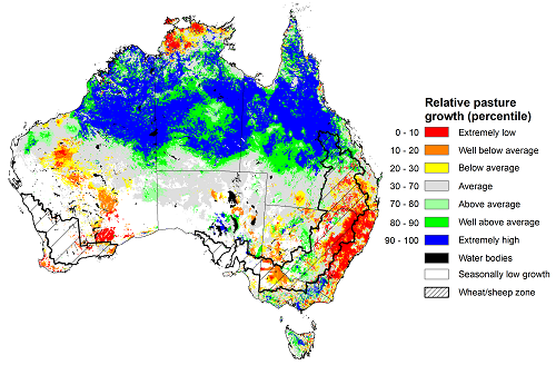 Map showing the relative pasture growth for December 2022 in Australia. Image provided by AussieGRASS. Please refer to accompanying text for a more detailed description.