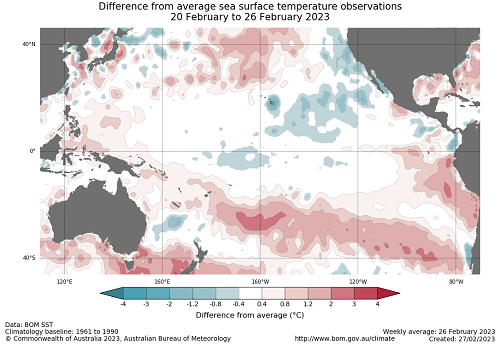 Map showing the global sea surface temperature observations difference from average during the previous week. The climatology baseline used is 1961 to 1990. Image provided by the Bureau of Meteorology. Please refer to accompanying text for a more detailed description.