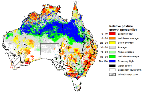 Map showing the relative pasture growth for December 2022 in Australia. Image provided by AussieGRASS. Please refer to accompanying text for a more detailed description.