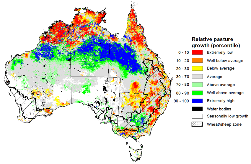 Map showing the relative pasture growth for December 2022 in Australia. Image provided by AussieGRASS. Please refer to accompanying text for a more detailed description.