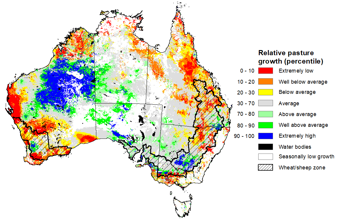 Map showing the relative pasture growth for December 2022 in Australia. Image provided by AussieGRASS. Please refer to accompanying text for a more detailed description.