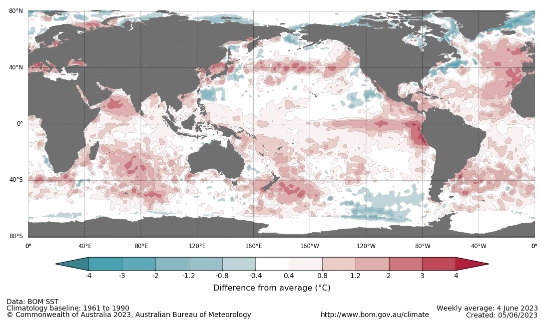  Map showing the global sea surface temperature observations difference from average during the previous week. The climatology baseline used is 1961 to 1990. Image provided by the Bureau of Meteorology. Please refer to accompanying text for a more detailed description.