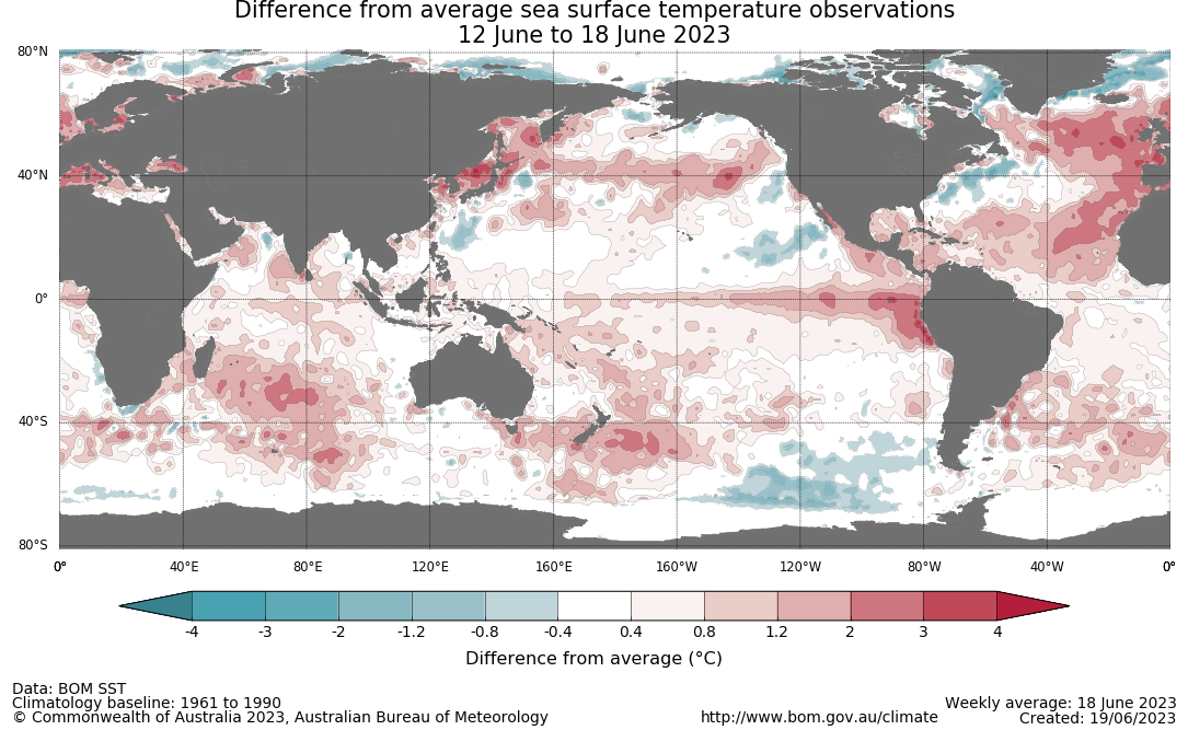 Map showing the global sea surface temperature observations difference from average during the previous week. The climatology baseline used is 1961 to 1990. Image provided by the Bureau of Meteorology. Please refer to accompanying text for a more detailed description