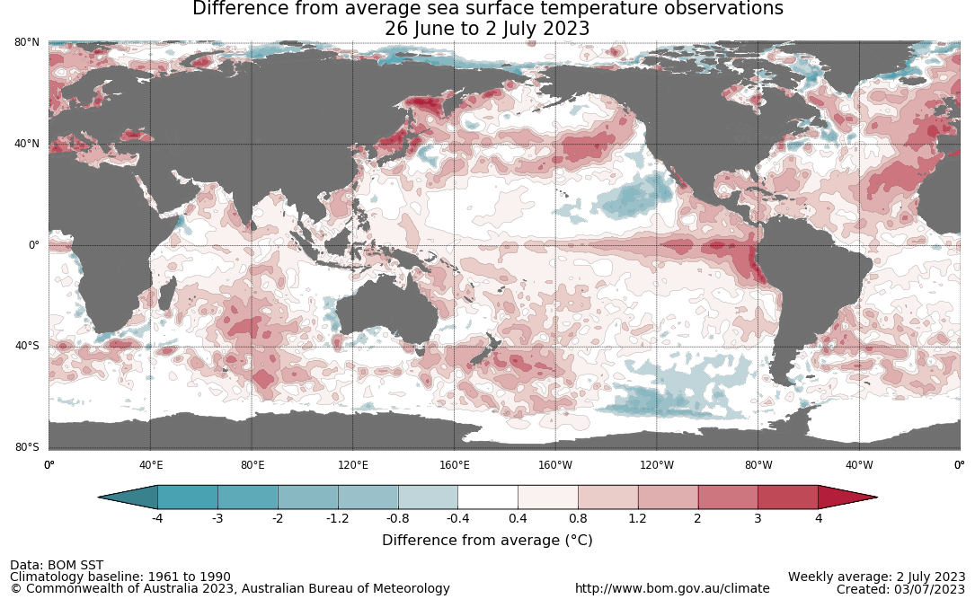 Map showing the global sea surface temperature observations difference from average during the previous week. The climatology baseline used is 1961 to 1990. Image provided by the Bureau of Meteorology. Please refer to accompanying text for a more detailed description.