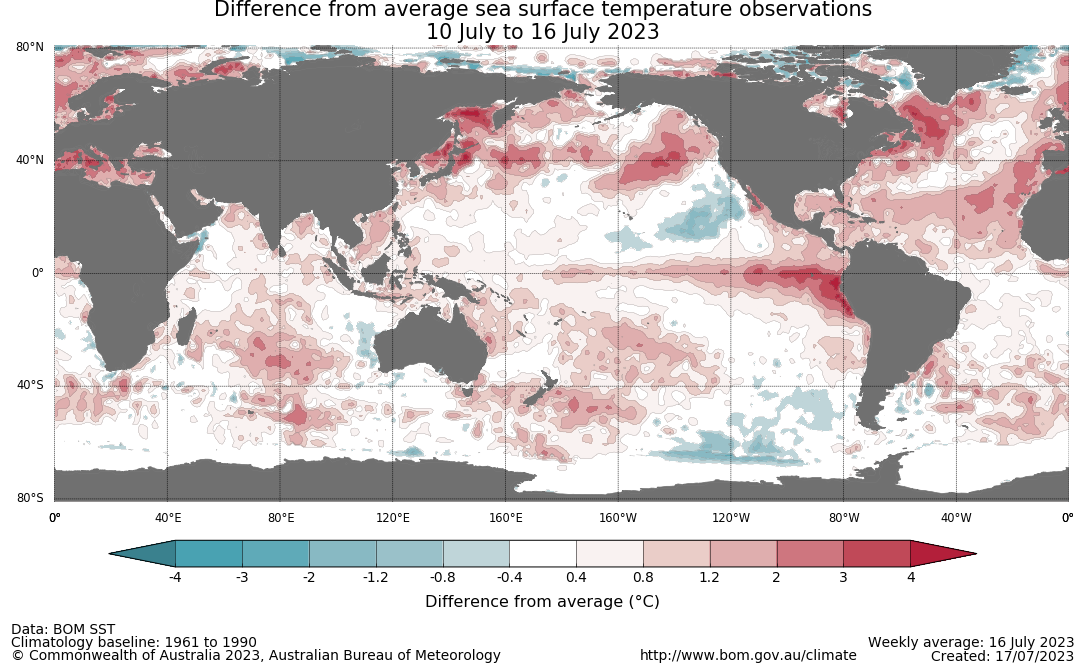 Map showing the global sea surface temperature observations difference from average during the previous week. The climatology baseline used is 1961 to 1990. Image provided by the Bureau of Meteorology. Please refer to accompanying text for a more detailed description.