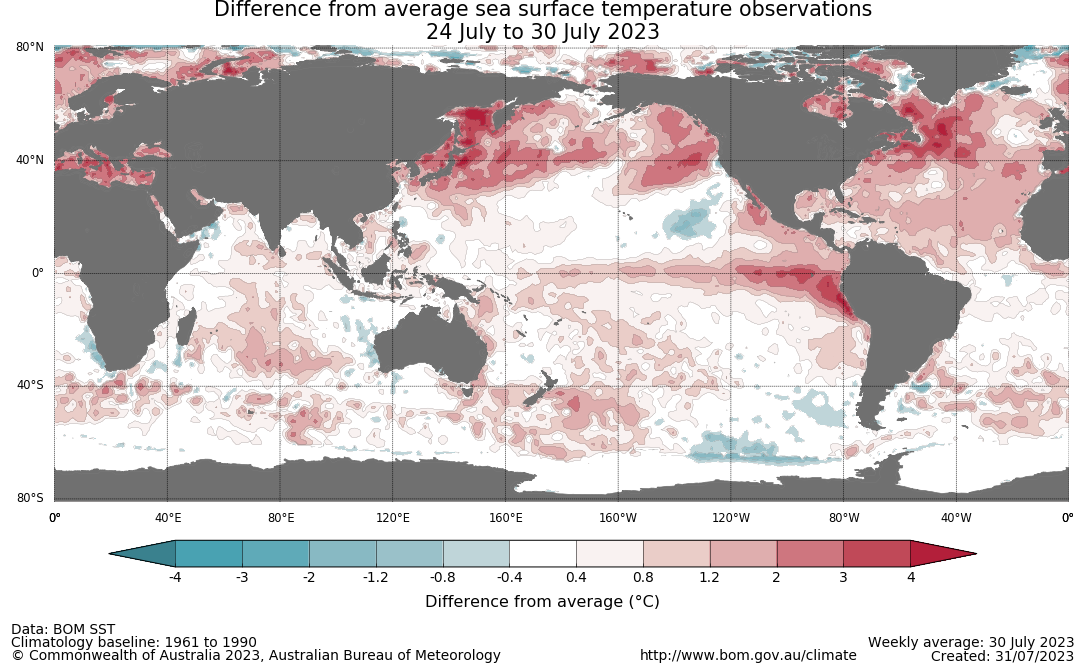 Map showing the global sea surface temperature observations difference from average during the previous week. The climatology baseline used is 1961 to 1990. Image provided by the Bureau of Meteorology. Please refer to accompanying text for a more detailed description.